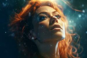 a woman with red hair looking up at the sky generative AI photo