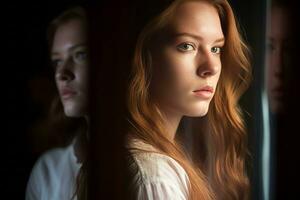 un mujer con rojo pelo mirando fuera el ventana generativo ai foto