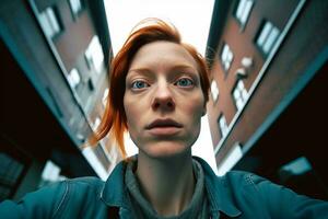 a woman with red hair looking up at the camera generative AI photo