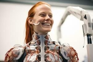 a woman with red hair smiling in front of a machine generative AI photo