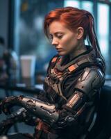 a woman with red hair sitting in front of a computer generative AI photo