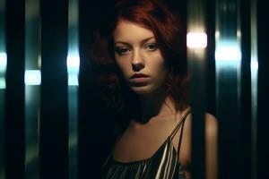 a woman with red hair standing in a dark room generative AI photo