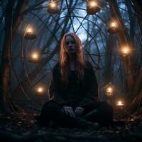 un mujer con rojo pelo sentado en el bosque rodeado por velas generativo ai foto