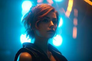 a woman with red hair standing in front of neon lights generative AI photo
