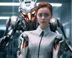 a woman with red hair standing in front of a robot generative AI photo
