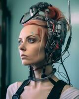 un mujer con rojo pelo vistiendo un robot cabeza generativo ai foto