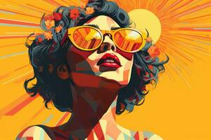 a woman with sunglasses and a sunburst in front of an orange background generative AI photo