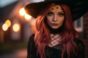 a woman with red hair wearing a witch hat generative AI photo