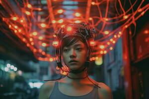 a woman with red lights on her head standing in an alley generative AI photo