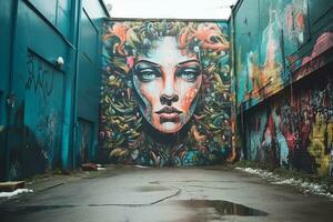 a womans face is painted on a wall in an alley generative AI photo