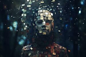 a woman with squares on her face in a forest generative AI photo