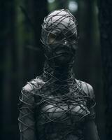un mujer envuelto en cable en pie en el bosque generativo ai foto