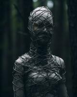 a woman wrapped in wire standing in the woods generative AI photo