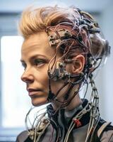 a woman with wires attached to her head generative AI photo