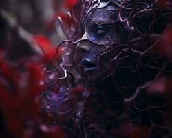 a womans face is covered in red vines generative AI photo