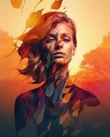 a womans face is surrounded by leaves generative AI photo