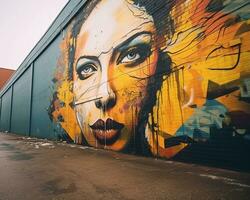 a womans face painted on a wall in front of a building generative AI photo