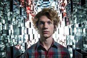a young man with curly hair standing in front of a mirror generative AI photo