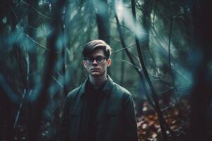 a young man with glasses standing in the woods generative AI photo