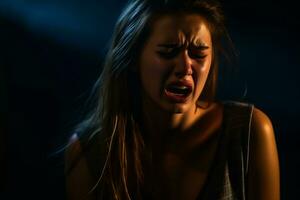 a young woman is crying in a dark room generative AI photo