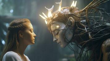 a young woman is looking at a tree with a head on it generative AI photo