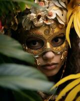 a young woman wearing a gold mask in the jungle generative AI photo