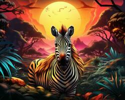 a zebra standing in the middle of a jungle at sunset generative AI photo