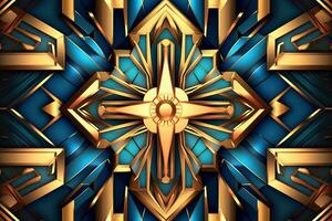 abstract blue and gold art deco style background with a cross in the center generative AI photo