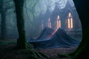 un abandonado Iglesia en el bosque con un negro paño cubierto terminado eso generativo ai foto