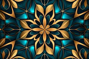 an abstract blue and gold floral pattern on a black background generative AI photo