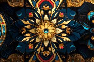 an abstract design with gold and blue flowers on it generative AI photo