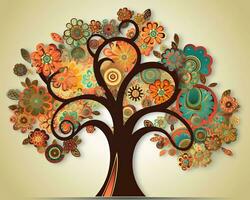 an abstract tree with colorful flowers on a beige background generative AI photo