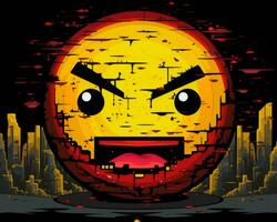 an angry emoticion with a red face and a city in the background generative AI photo