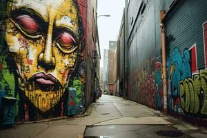 an alley with graffiti on the walls and a face painted on the wall generative AI photo