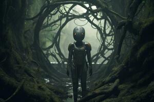 un extraterrestre en pie en el medio de un bosque generativo ai foto
