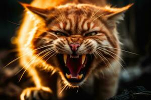 un enojado rojo gato con sus boca abierto generativo ai foto