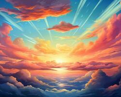 an artistic painting of the sun rising over the clouds generative AI photo