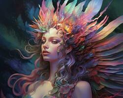 an artistic painting of a woman with colorful feathers on her head generative AI photo