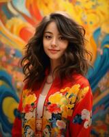 an asian woman in a colorful jacket standing in front of a colorful wall generative AI photo