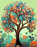 an artistic painting of a tree with colorful circles around it generative AI photo