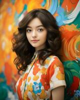 an asian woman in a floral dress standing in front of a colorful wall generative AI photo