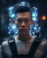 un asiático hombre en un futurista traje con brillante luces en su cabeza generativo ai foto