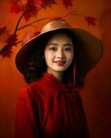 an asian woman in a red dress and hat generative AI photo