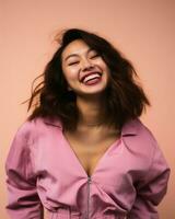 an asian woman in a pink shirt laughing generative AI photo