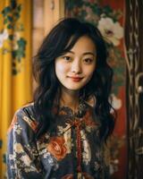 an asian woman in a floral dress standing in front of a floral wall generative AI photo