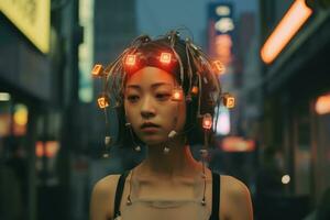 an asian woman in a city with lights on her head generative AI photo