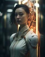 an asian woman in a futuristic suit stands in front of a mirror generative AI photo