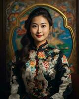 an asian woman in an oriental dress sitting in front of a painting generative AI photo