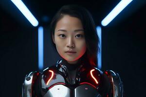 an asian woman in a futuristic suit with neon lights generative AI photo