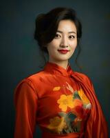 an asian woman in an orange dress generative AI photo